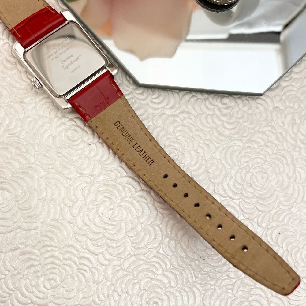 Sterling Signatures 925 Silver Tank Style Watch Mother of Pearl Dial Red Leather - Picture 16 of 16